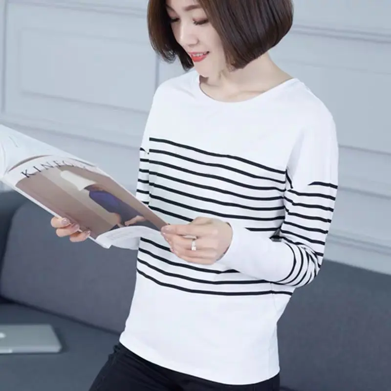 Áo Thun Dài Tay, Dành Cho Phụ Nữ Trung Niên, Cỡ M-5XL, Quần Áo Mùa Thu Cho Mẹ, Áo Sơ Mi Lớp Cơ Sở Dáng Rộng, Hàng Mới Về 2024, Áo Quần Áo Mùa Thu Sọc 4