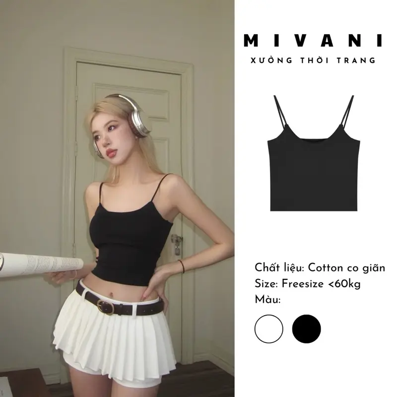 Áo croptop 2 dây sợi bún ( có mút ngực ) cao cấp MIVANI chất liệu cotton hai lớp