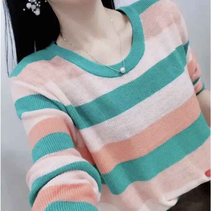 Early Autumn Thin Type Striped Belly Covering Ins Colorful Rainbow Color-Blocking Versatile Inner Match Loose Pullover Knitwear Female Lady Shirt Autumn Beautiful and Sexy