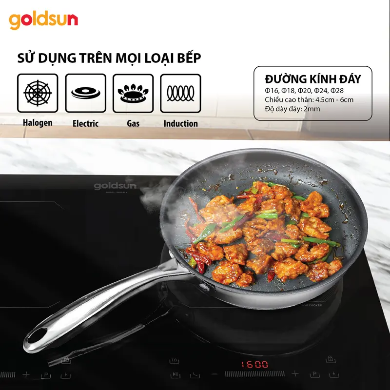Chảo inox chống dính Titanium Goldsun GPA1451 đáy từ 5 lớp sử dụng trên mọi loại bếp 7
