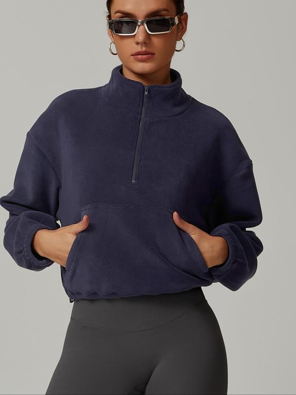 Women's Solid Zip Up Drop Shoulder Polar Fleece Sports Sweatshirt, Casual Long Sleeve Stand Collar Pocket Sports Top for Fall & Winter, Women's Sportswear for Outdoor Activities 3