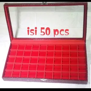 Kotak Penyimpanan Batu Akik Mewah dengan Tutup Kaca Transparan - Merah