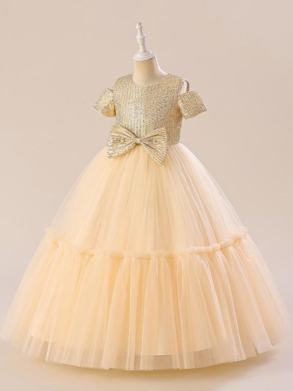 Girl's Contrast Sequin Bow Decor Tulle Dress, Elegant Round Neck Short Sleeve Fit & Flare Dress for Party, Kids Clothes for All Seasons 2