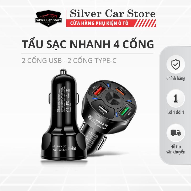 Tẩu Sạc Nhanh Ô Tô, 2 Cổng type C - PD20W + 2USB Quick Change 3.0-3.1A  Có Đèn Led Hỗ Trợ Ban Đêm Phụ Kiện Plastic LCD Electronic Accessories tausac  dienthoai Phụ Tùng tausac  dienthoai tren oto