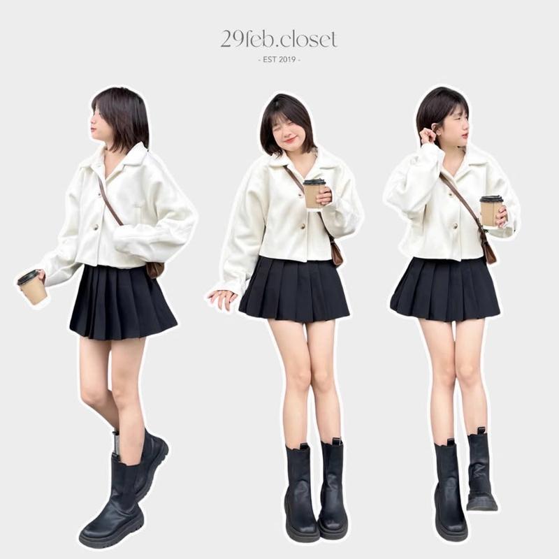 Áo Khoác Dạ Nữ Croptop Túi Chéo 29feb.closet Chất kaki 2 Da Phong Cách Hàn Quốc Thời Trang Thu Đông - A351 Jacket Women Kem Ghi