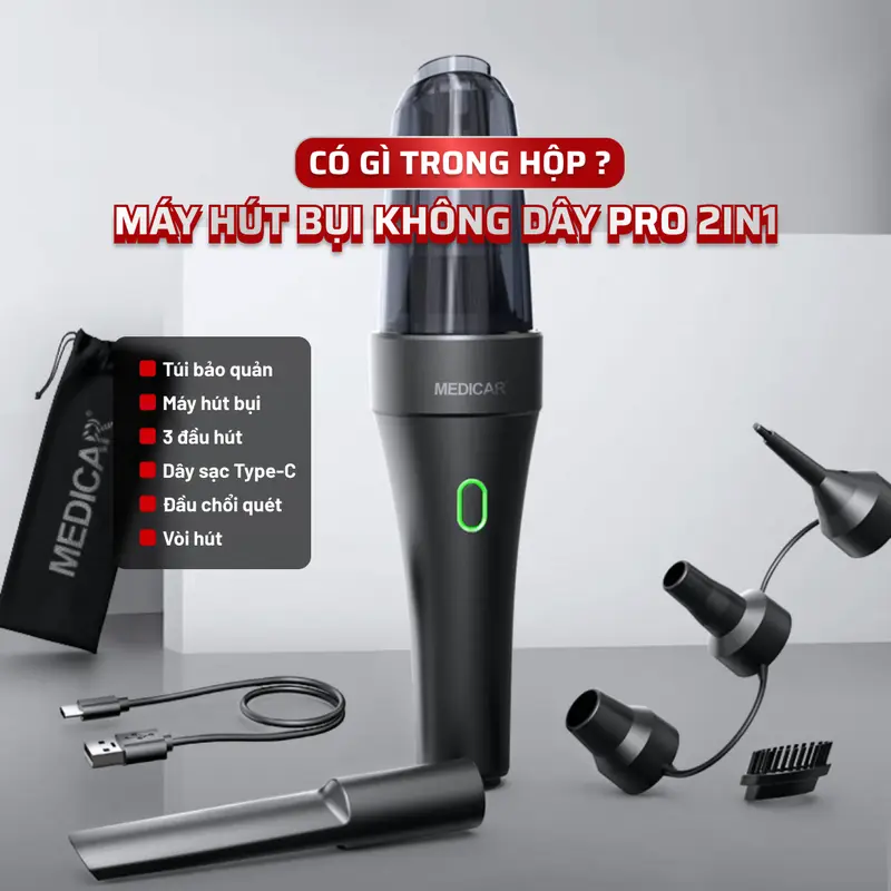 Máy hút bụi không dây Medicar - Lực hút cực mạnh 8500PA, Kết hợp đầu thổi bụi 7