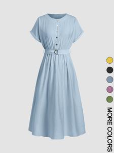 Women's Solid Color Button Belted A Line Dress, Casual Elegant Cap Sleeve Long Dress for Summer, Ladies Clothes for Daily Wear, Ready To Wear