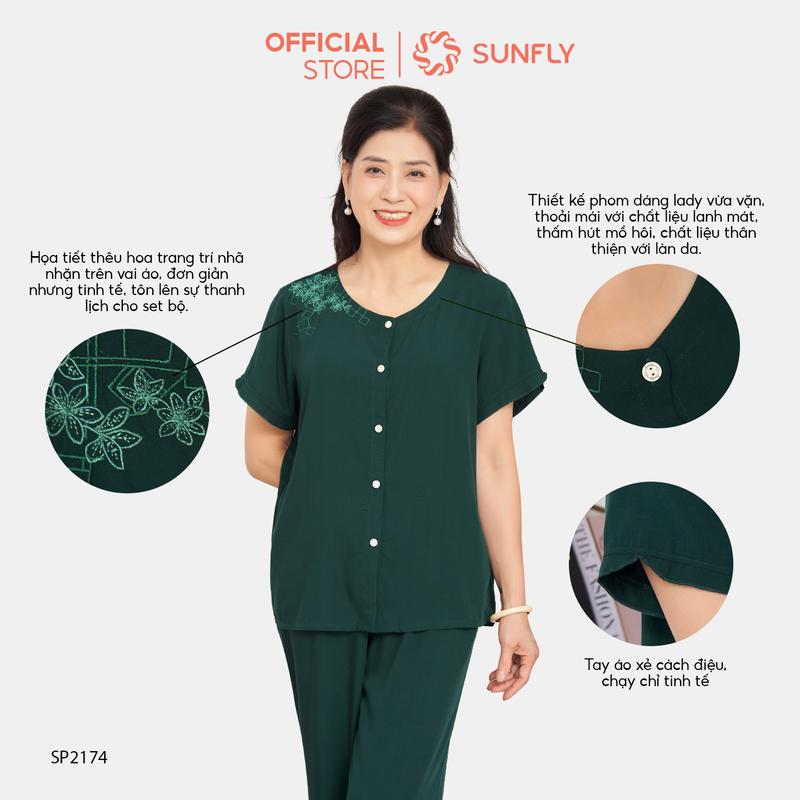 Bộ Lanh Mặc Nhà SUNFLY Áo Cộc Quần Dài SP2174 2