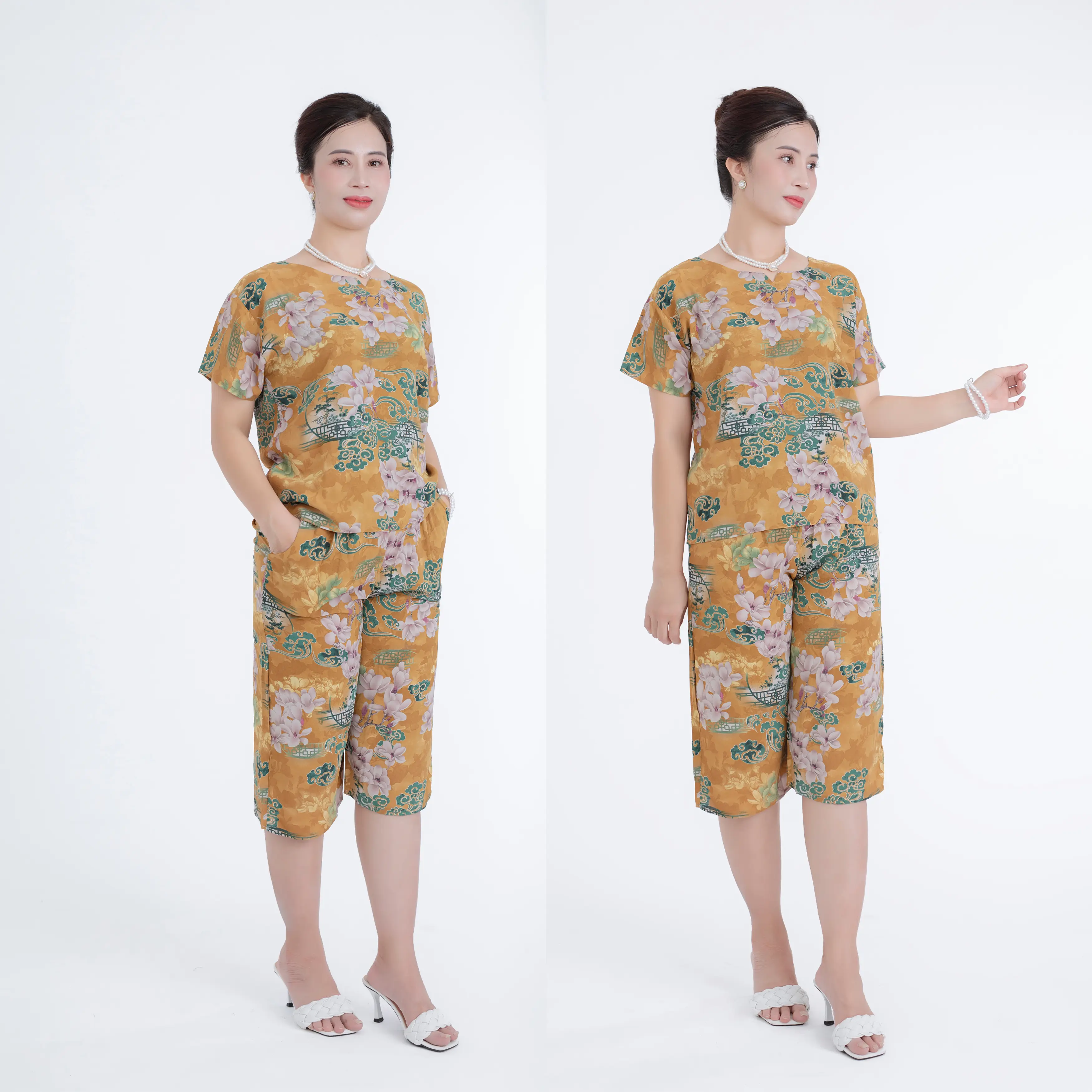 Bộ lụa Hàn bộ lụa trung niên mềm mịn mát có hoa cho bà cho mẹ mùa hè có hoa von