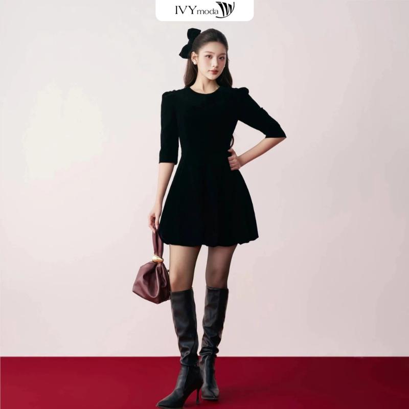 ĐẦM NHUNG XÒE TAY BỒNG nữ IVYmoda MS 48M7944