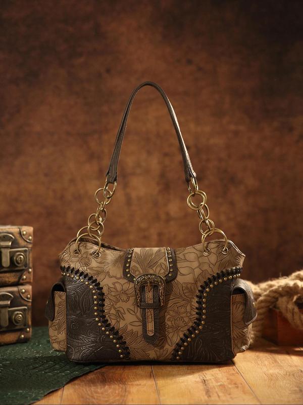Fashion Vintage Floral Embossed Buckle Decorated Square Bag,  Casual Shoulder Bag for Women, All-match Handbag for Daily Used 2