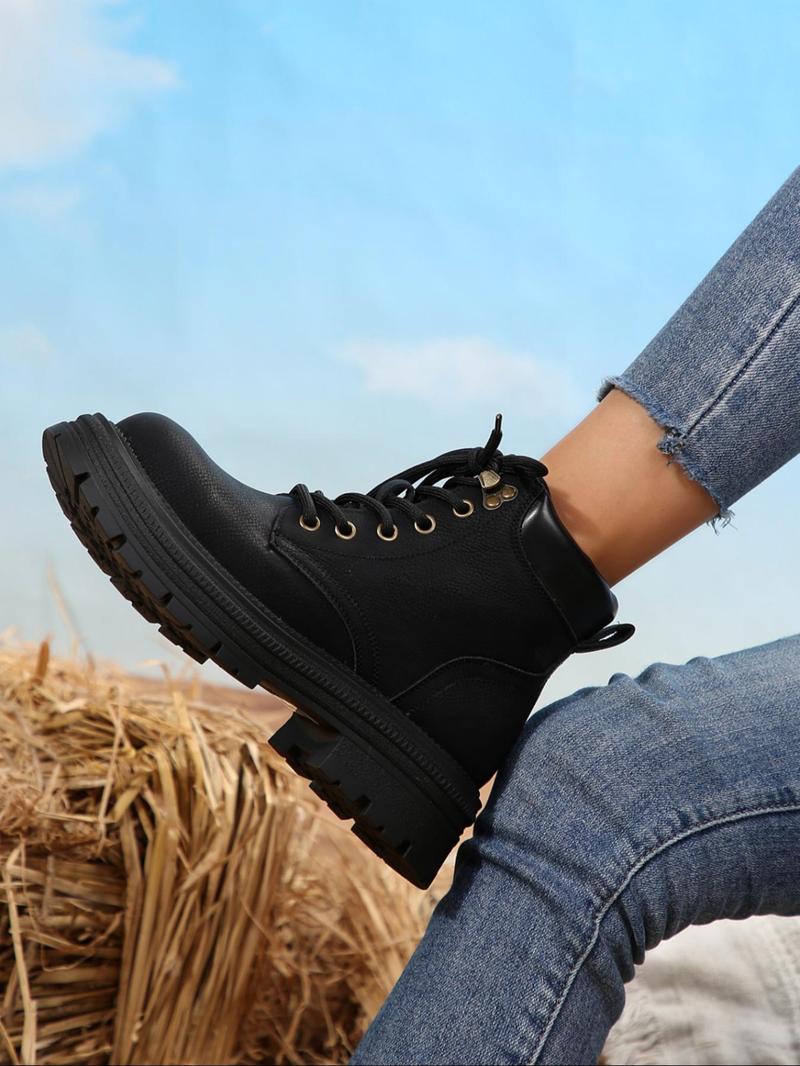 Product Introduction of Women's Fashionable Solid Color Lace Up Ankle Boots, Casual Comfortable Round Toe Boots for Fall & Winter, Female All-match Trend Shoes for Daily Wear 13