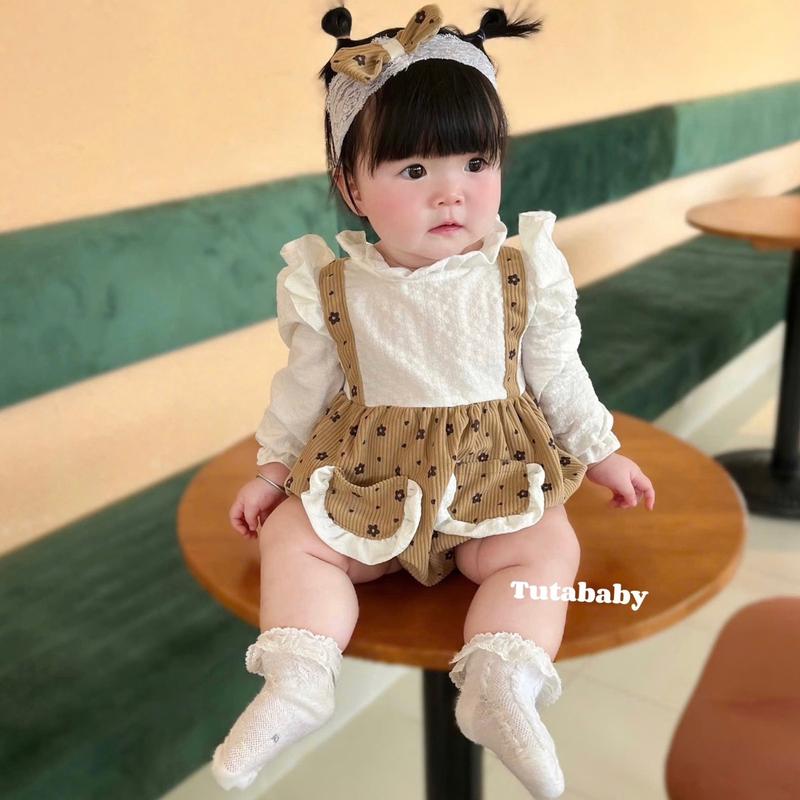 Bodysuit Cho Bé Nhung Hoa Nâu Túi Doremon Phối Xốp Trắng Kèm Turban Nơ Ren Xinh Xắn, Body Cho Bé 3-11kg