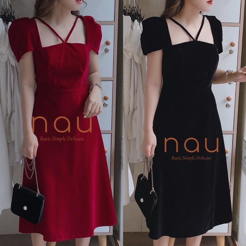 Đầm nhung cổ vuông phối dây dáng dài