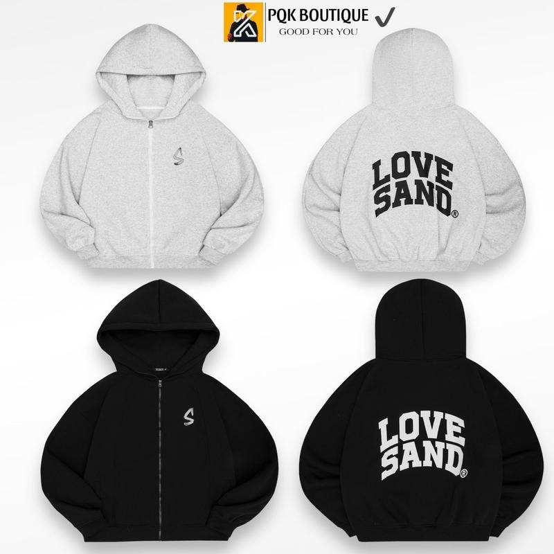 Áo Khoác Hoodie Dây Kéo Nam Nữ Form Rộng Cổ Cao LOVE SAND Màu Xám Tiêu / Đen