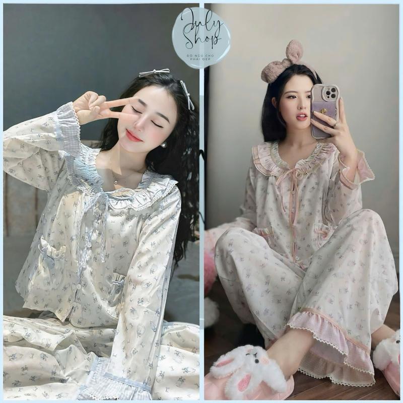 Đồ Bộ Tiểu Thư JULY Cổ Bèo Caro Ren Tay Dài Kiểu Dáng Croptop Họa Tiết Mèo Nhí Dễ Thương Chất Lụa Latin