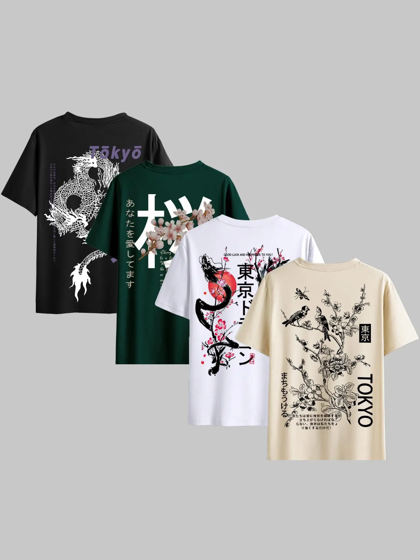 Men's Regular Fit Letter & Dragon & Bird & Floral Print Round Neck Tee, Street Fashion Casual Soft Comfy Short Sleeve T-shirt for Daily Wear, Men's Summer Clothes, Graphic Tees