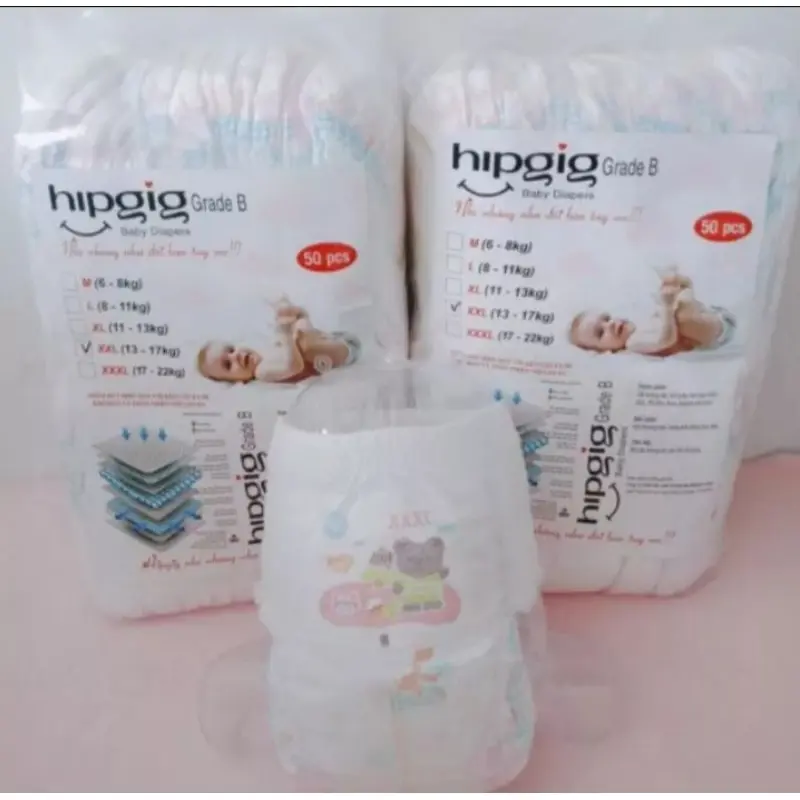 Bỉm quần Hipgig loại đẹp không lỗi full size M/L/XL/XXL/XXXL 1 bịch 50 miếng chống hăm mềm mại cho bé yêu 0
