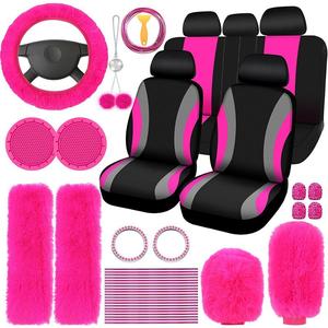 Accesorios Decorativos para el Interior del Auto, Accesorios Decorativos para el Asiento del Auto, Kit Universal de Cubierta Protectora de Volante de Peluche, Conjunto de Asiento de Interior de Auto Elegante para Mujeres y Hombres