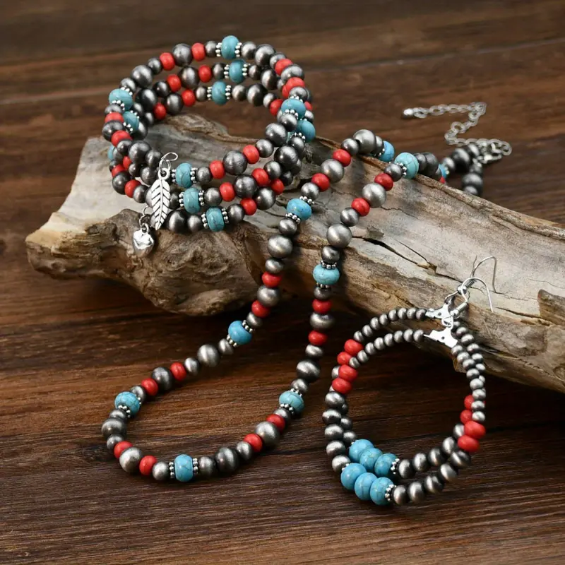 Retro Bohemian red turquoise beaded national necklace earrings bracelet set of three. delicate gift 3
