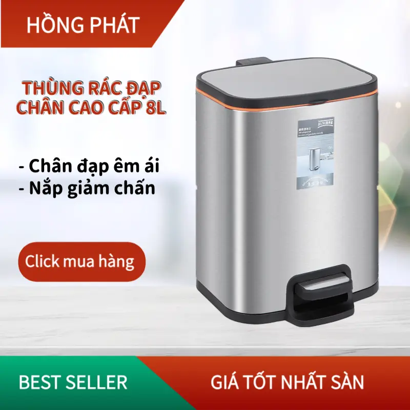 Thùng rác inox đạp chân 8L giảm chấn cao cấp/ Indoor trashbin/VHP-DJ-DF248-8L