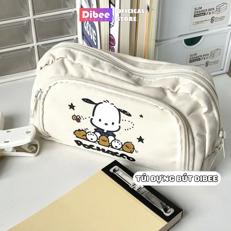 Túi đựng bút DiBee hình cún dễ thương, túi vải canvas nhiều ngăn, sức chứa lớn, cho học sinh, nhân viên văn phòng TB156 0