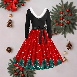 Đầm Len Cổ Chữ V Cho Nữ Mùa Giáng Sinh Đầm Tay Dài Phối Họa Tiết Cổ Điển Trang Phục Dự Tiệc Kỳ Nghỉ Giáng Sinh
