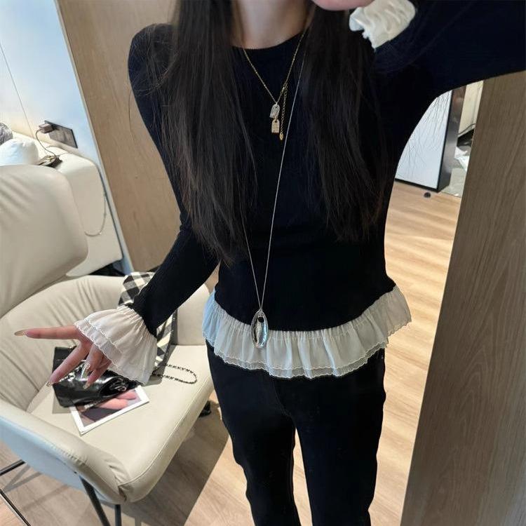 Áo cổ tròn vạt bèo tay tơ 2 lớp điệu đà 10 màu peonyb - Áo giữ nhiệt thun tăm dáng ôm body nữ tính bánh bèo hotgirl top women phong cách hàn quốc đẹp