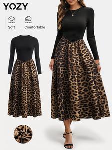 YOZY Women's Leopard Patchwork Print A Line Dress, Casual Long Sleeve Round Neck Dress for Daily Wear, Ladies Clothes for Spring & Fall, Casual Dresses