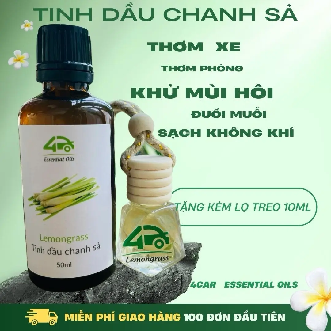 Tinh Dầu Sả Chanh Treo Xe OTO 50ml (Tặng Lọ 10ml Treo), Khử Mùi Hôi, Thơm Xe Oto, Sạch Không Khí, Hỗ trợ Giảm Say Xe Nội Thất Xông Tinh Dầu