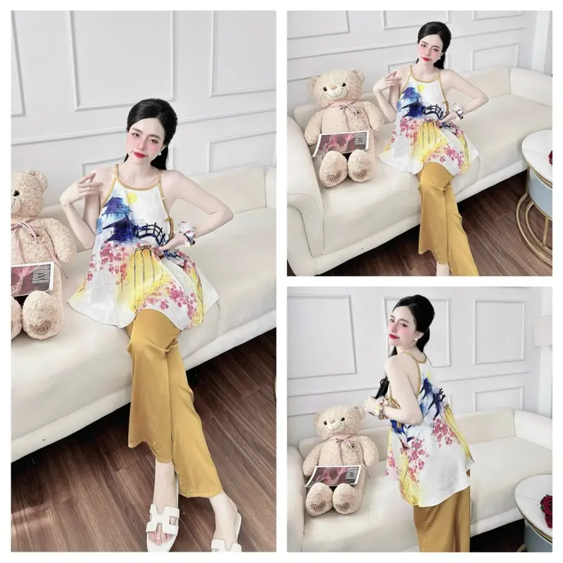 [Kèm cột tóc] Bộ yếm gấm tơ tằm in 5D cao cấp quần dài phối lụa latin mịn mát nhà suri 2