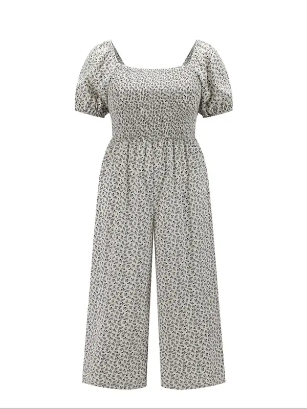 [Plus Size] Ditsy Floral Print Shirred Jumpsuit, Jumpsuits for Women, Boho Fashion Puff Sleeve Square Neck Jumpsuit for Daily Vacation Wear, Women Plus Clothing Overalls for Summer 2