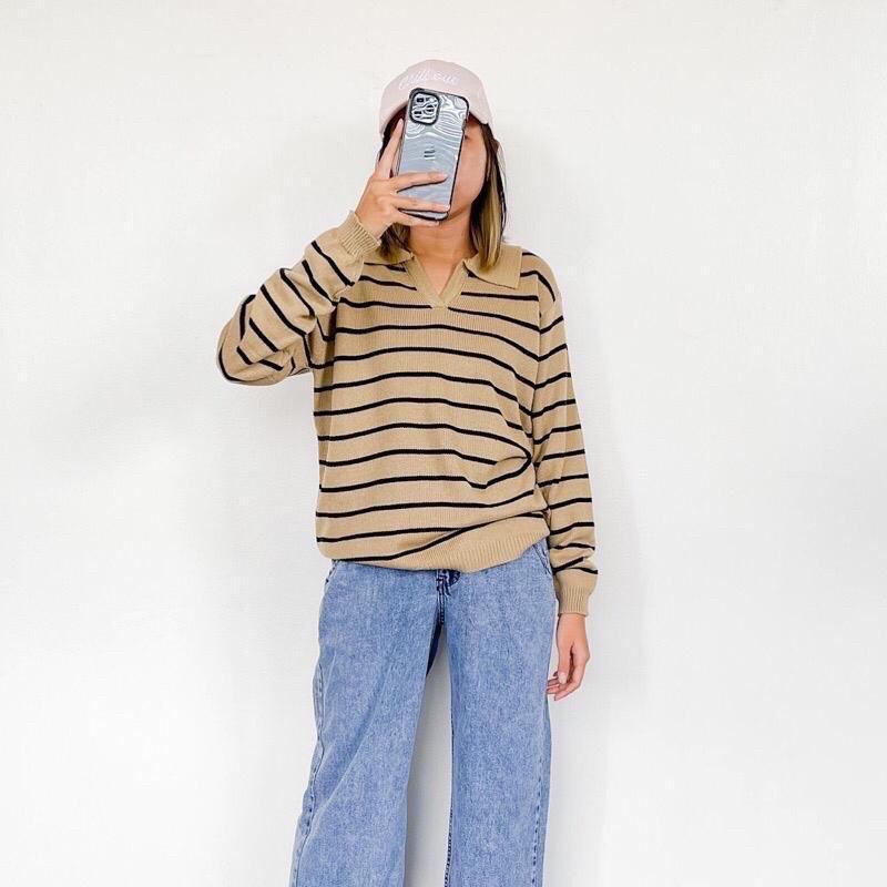 Atasan Wanita import stripe Rajut Premium Kekinia 2023 fit panjang Knitwear Strip Putih Cream 3