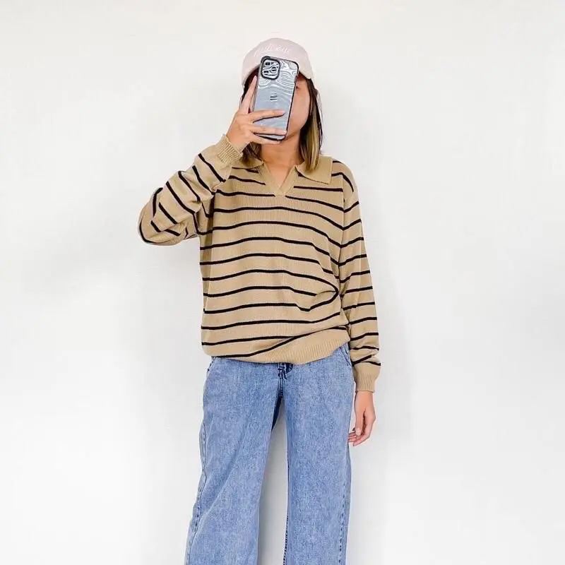Atasan Wanita import stripe Rajut Premium Kekinia 2023 fit panjang Knitwear Strip Putih Cream 2