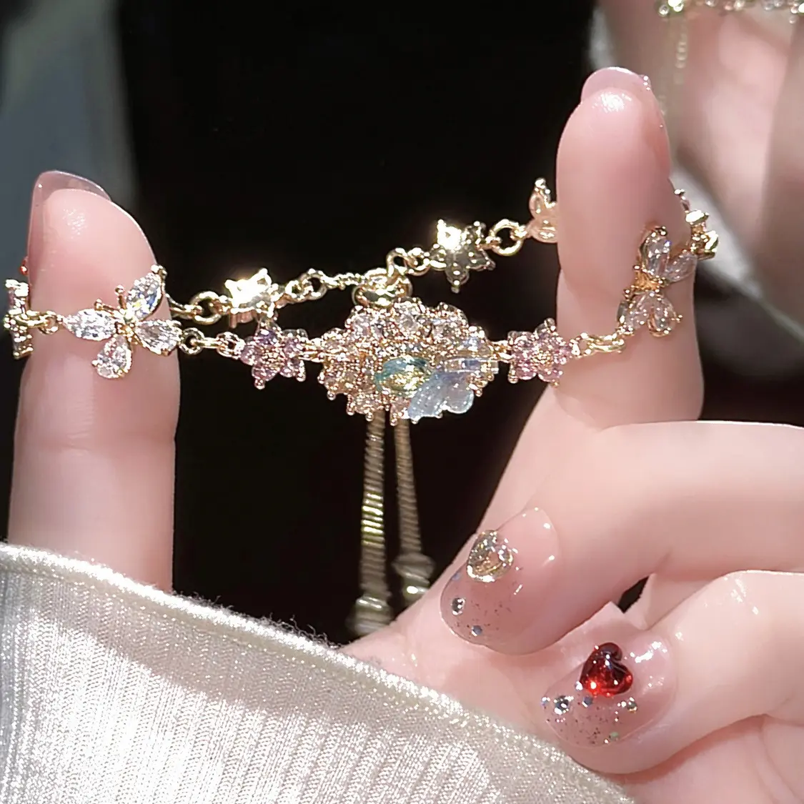 Other Shore Light ~ Fairy Style Flower Zircon Butterfly Bracelet Female 2024 New Niche Design Drawstring Bracelet