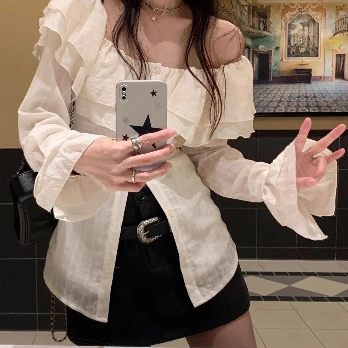 Áo trễ vai phối bèo tiểu thư dài tay ,Siết Eo sẵn ( ko dây buộc), phong cách thanh lịch cho nữ (Có bigsize) | BigBuy360 - bigbuy360.vn