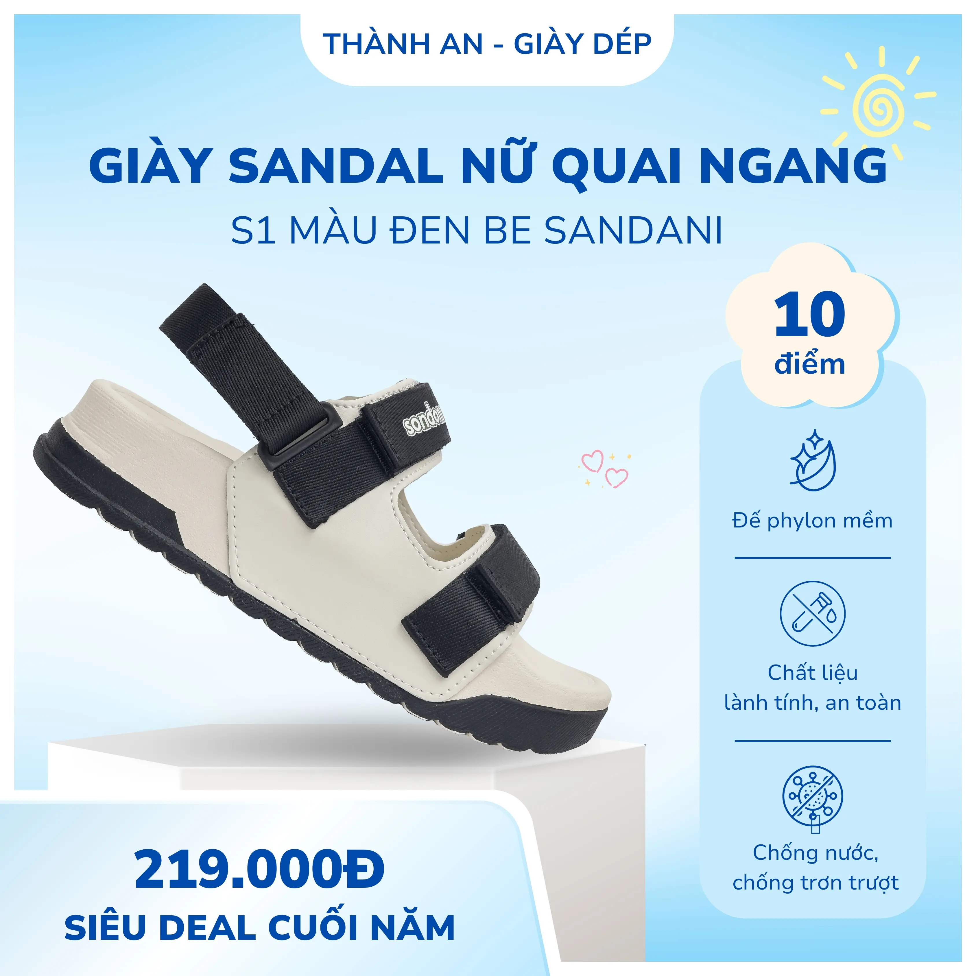 Dép Sandal Nữ Sandani Đen Be S1 - Đế Phylon Nhẹ Êm, Quai Dù Bền, Đi Học Đi Chơi - Cao Su, DéP sandal  nữ