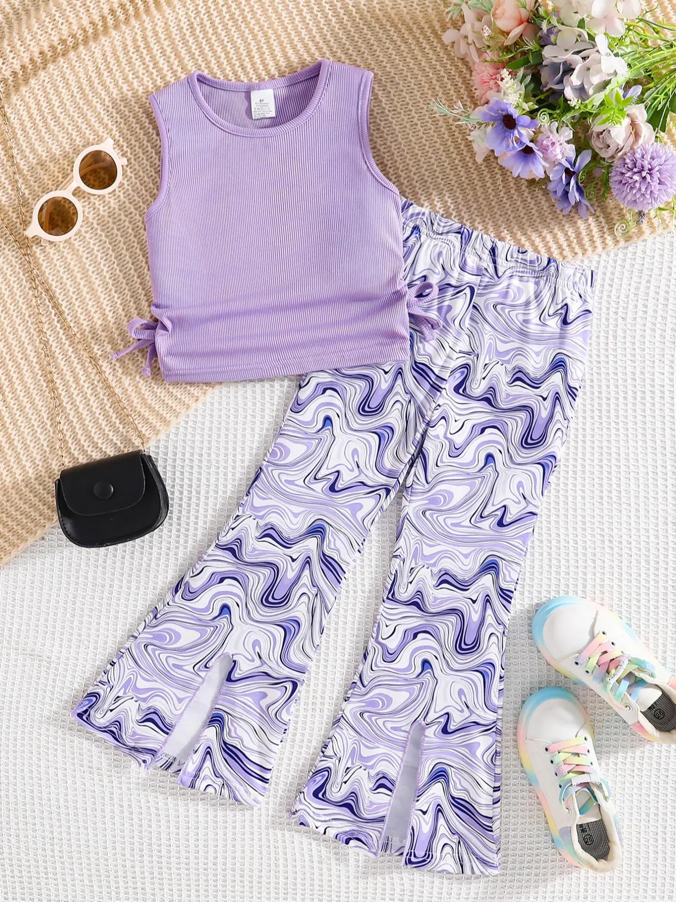 Girl's Plain Tank Top & All Over Print Flare Leg Pants Two-piece Set, Casual Sleeveless Top & Trousers for Daily Wear, Kids Clothing for Summer, Fine Girls Outfit