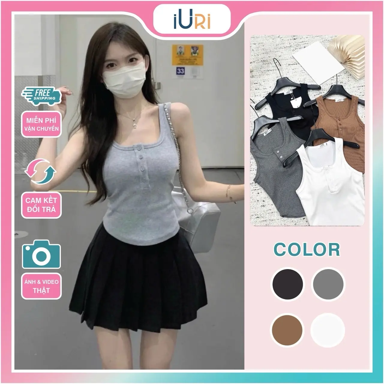 ￼[CÓ MÚT giả] NÊN TĂNG 1SIZE  Áo ba lỗ nữ khuy cài kèm mút ngực áo 2 dây nữ bản to kiểu dáng gợi cảm chất vải thun tăm co giãn IURI HOUSE Kem Top Đen Women
