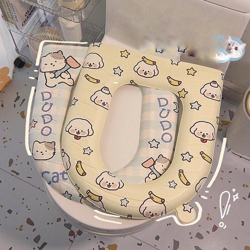 Combo 3 cái Đệm lót bồn cầu toilet có hoạ tiết dễ thương miếng lót bồn cầu chống thấm nước dễ vệ sinh có tay cầm