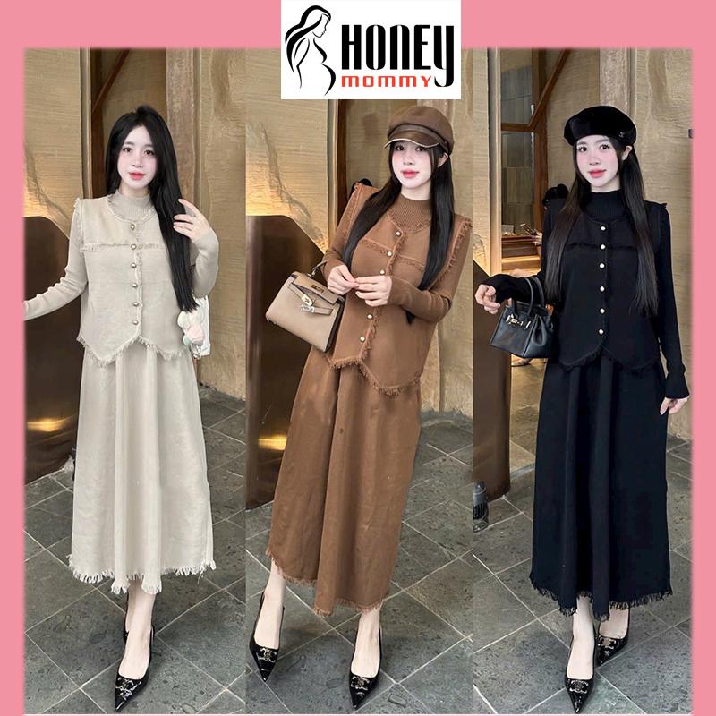   Honey Mommy  Set Váy Bầu Tết Đầm Bầu Dài Tay Thu Đông Kèm Áo Khoác Dáng Dài Vải Len Cao Cấp Lịch Sự Thanh Lịch HD4716 