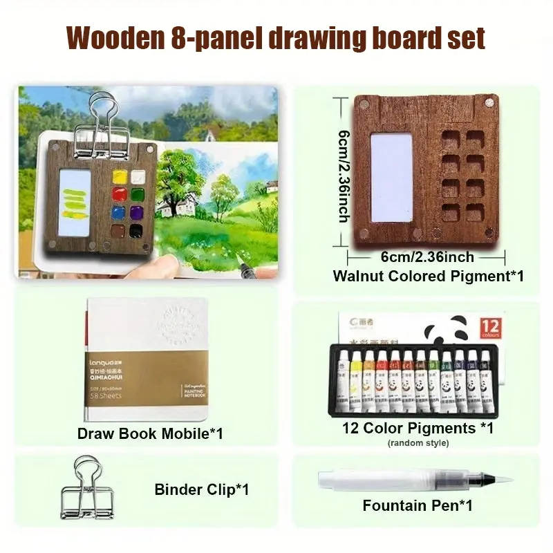 Mini Travel Watercolor Palette Set, 5 Counts/set Portable Wooden Watercolor Paint Box with Sketchbook & Color Pigments & Refillable Water Brush & Clip, Artist Bundle, Portable Art Supplies for Indoor & Outdoor 1