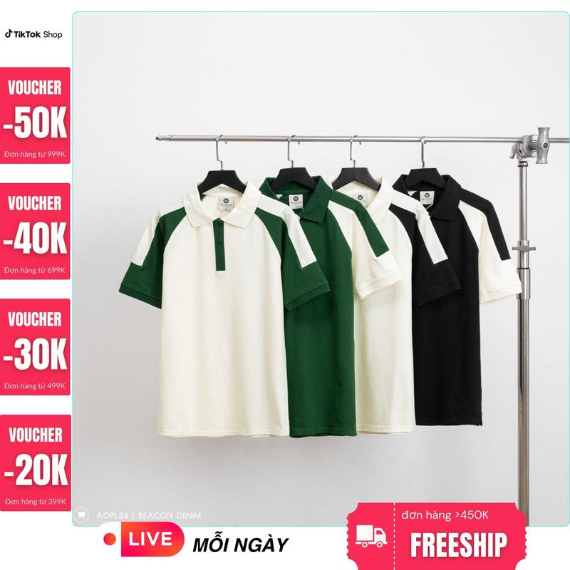 Áo polo nam phối vai bo Beacon Denim AOPL34 Menswear Top Có Cổ
