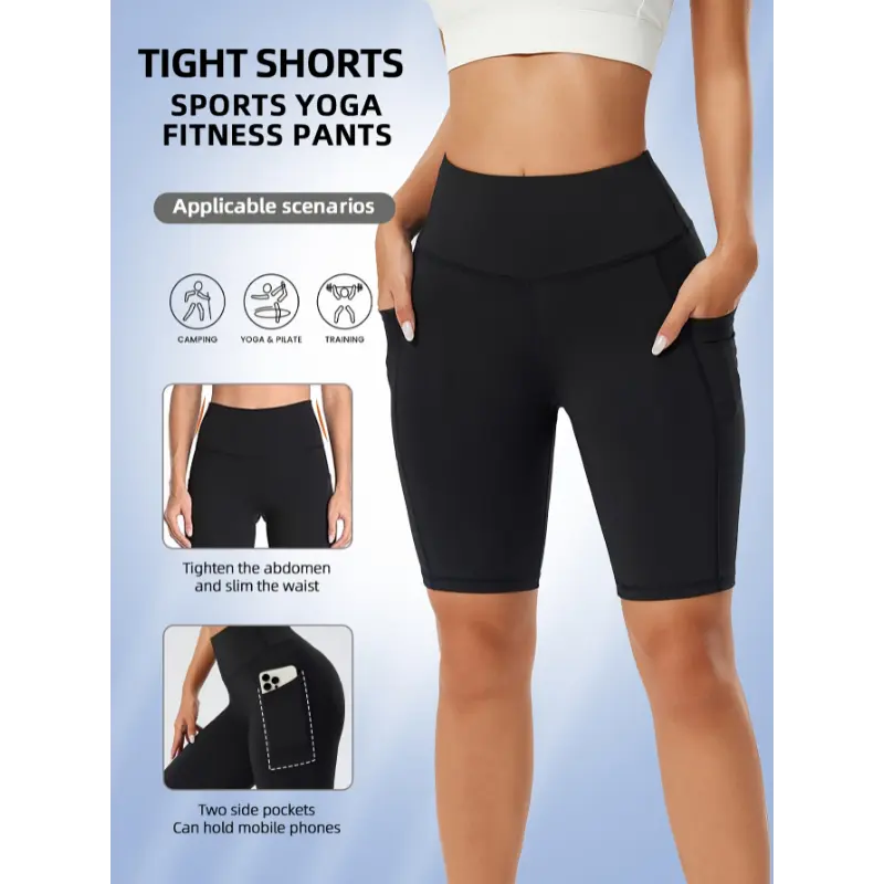 Women'S Pink High-Waisted Sports Yoga Shorts - Tight, Comfortable, Breathable, Stretchy Fabric for Cycling, Yoga & Fitness - Two-Side Pockets for Mobile Phones, Outdoor Sports Gear|Minimalist Design|Stretchy Fabric