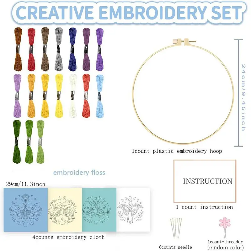 Butterfly Pattern Embroidery Kit, 4 Counts/set DIY Embroidery Cloth Kit with Random Color Tools, Embroidery Supplies for Beginners & Handmade Lovers 1