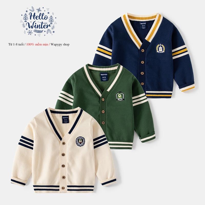 Áo cadigan bé trai WAPYPY Áo khoác len mỏng 1 lớp cardigan cho bé phối sọc kiểu dáng Hàn Quốc mùa thu đông 2025 Cotton