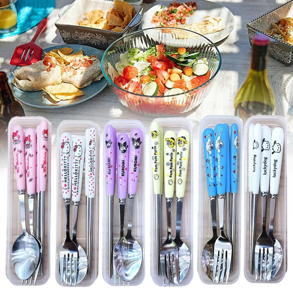 Cute Cinnamorolls Cartoon Stainless Steel Cutlery Kuromis Three-piece Set Spoon Fork And Chopsticks Cutlery Kids School Supplies