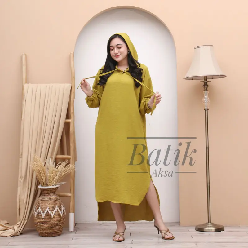 Yesha Seck Dress Hoodie Muslim Wanita Outfit Hijab Bahan Crinkle Airflow Resleting Busui By Batik Aksa Polos gamis 7