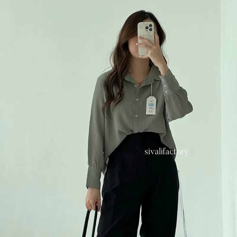 SIVALI Hazel Top 233 - Kemeja Wanita Minimalis Atasan Baju Kerja Office Shirt Crinkle Panjang Oversize Linen Oversize Linen Oversize Linen Airflow 7
