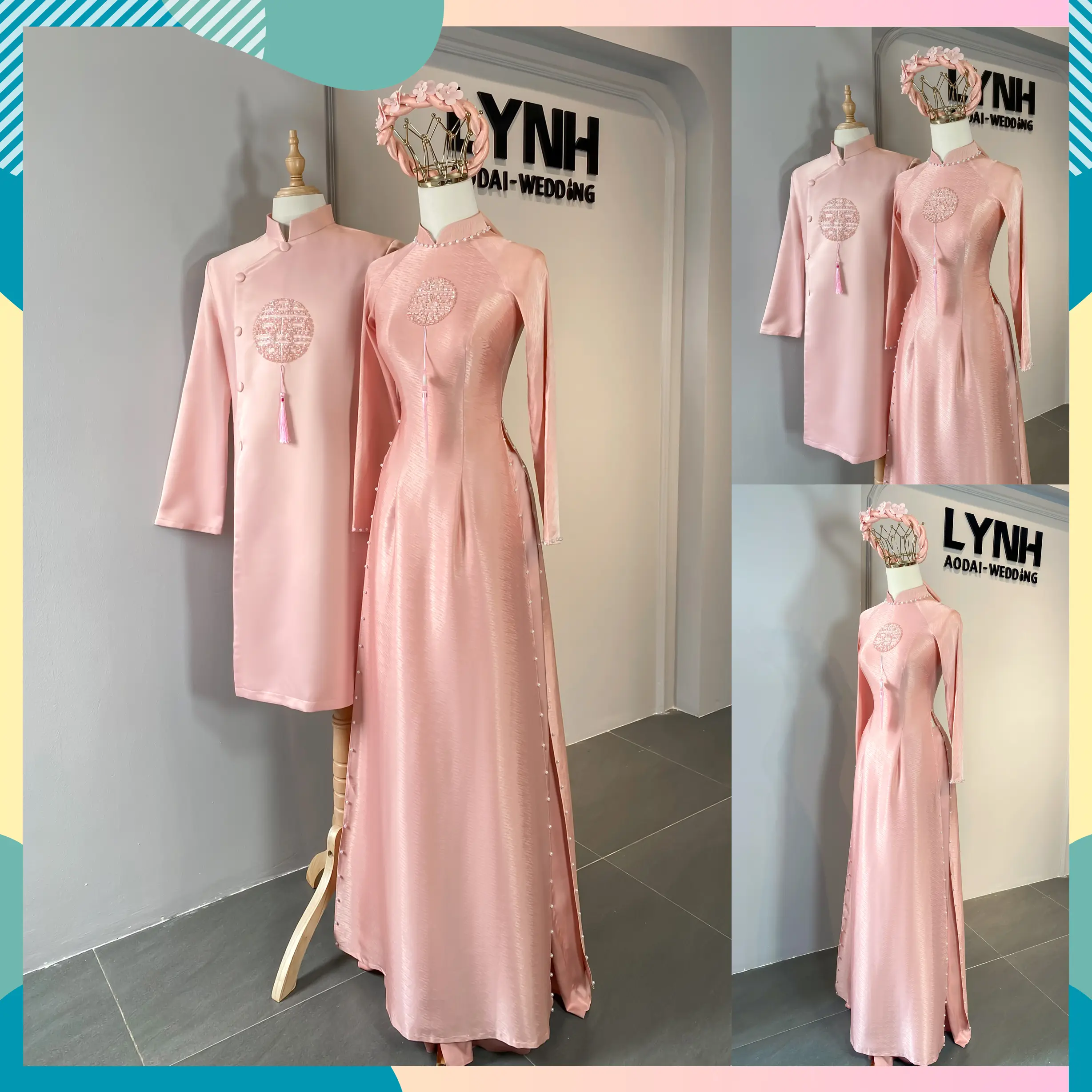 Áo dài cặp mầu hồng chữ hỉ tròn dành cho cô dâu chú rể - Áo Dài Lynh Nữ Voan Áo Cưới Váy Cưới Women Dress Voan Tơ Chuông Kim Tuyến